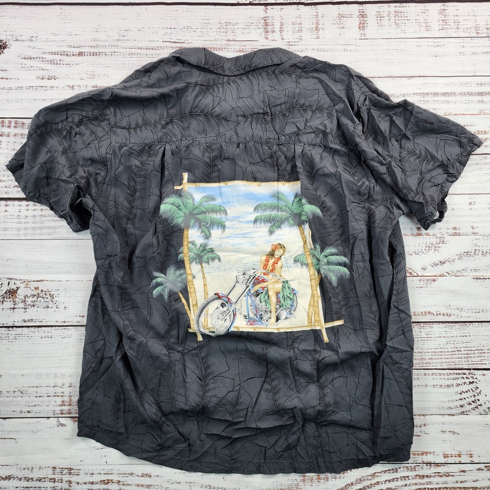 Paradise Found Hawaiian Shirt Mens Large Gray Hula Girl Chopper Biker Camp Rayon